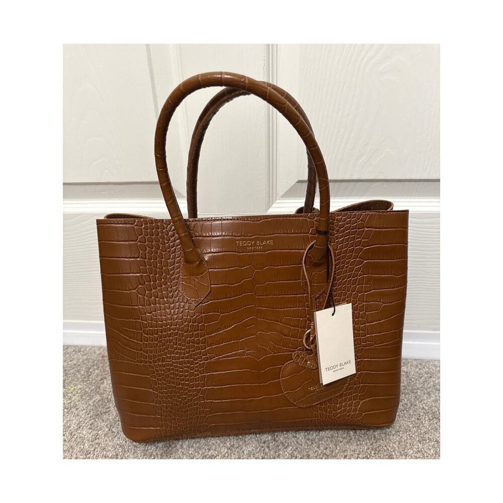 NWT Teddy Blake Vanessa Croco Embossed Italian Leather Tote Bag Cognac Brown - Picture 2 of 9